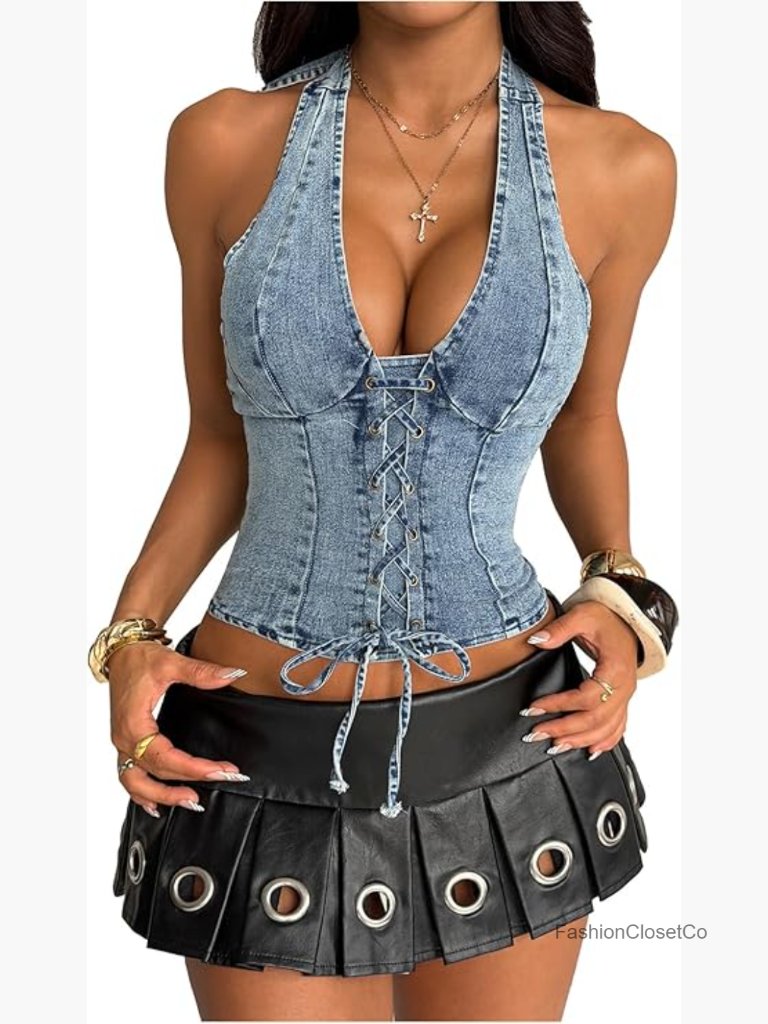 Women's Y2k Denim Halter Corset Vest Top Sleeveless Lace Up Backless